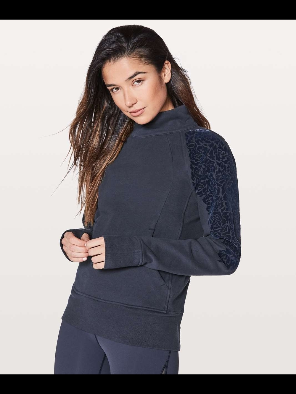 lululemon athletica Navy Mock Neck Pullover with Velvet Floral Sleeve